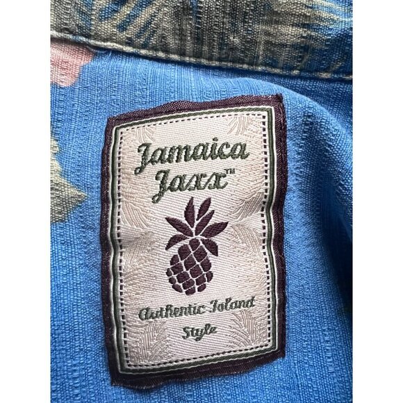 Jamaica Jaxx Mens Blue Silk Floral Hawaiian Button Up Shirt XL Pocket Relaxed - Picture 6 of 7
